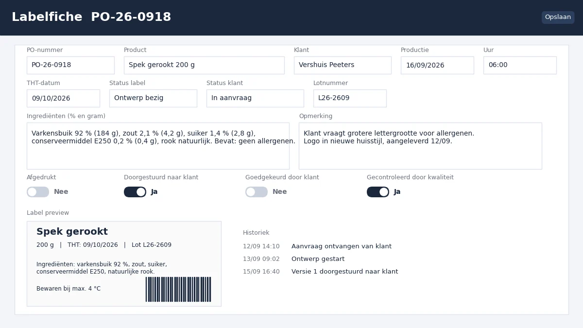 Labelfiche met ingrediënten, THT, klantstatus en controles (nagebouwd met fictieve gegevens)