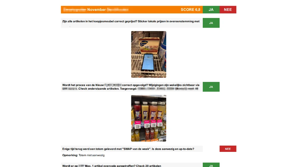 Automatisch rapport met score, groen/rood per vraag en foto's